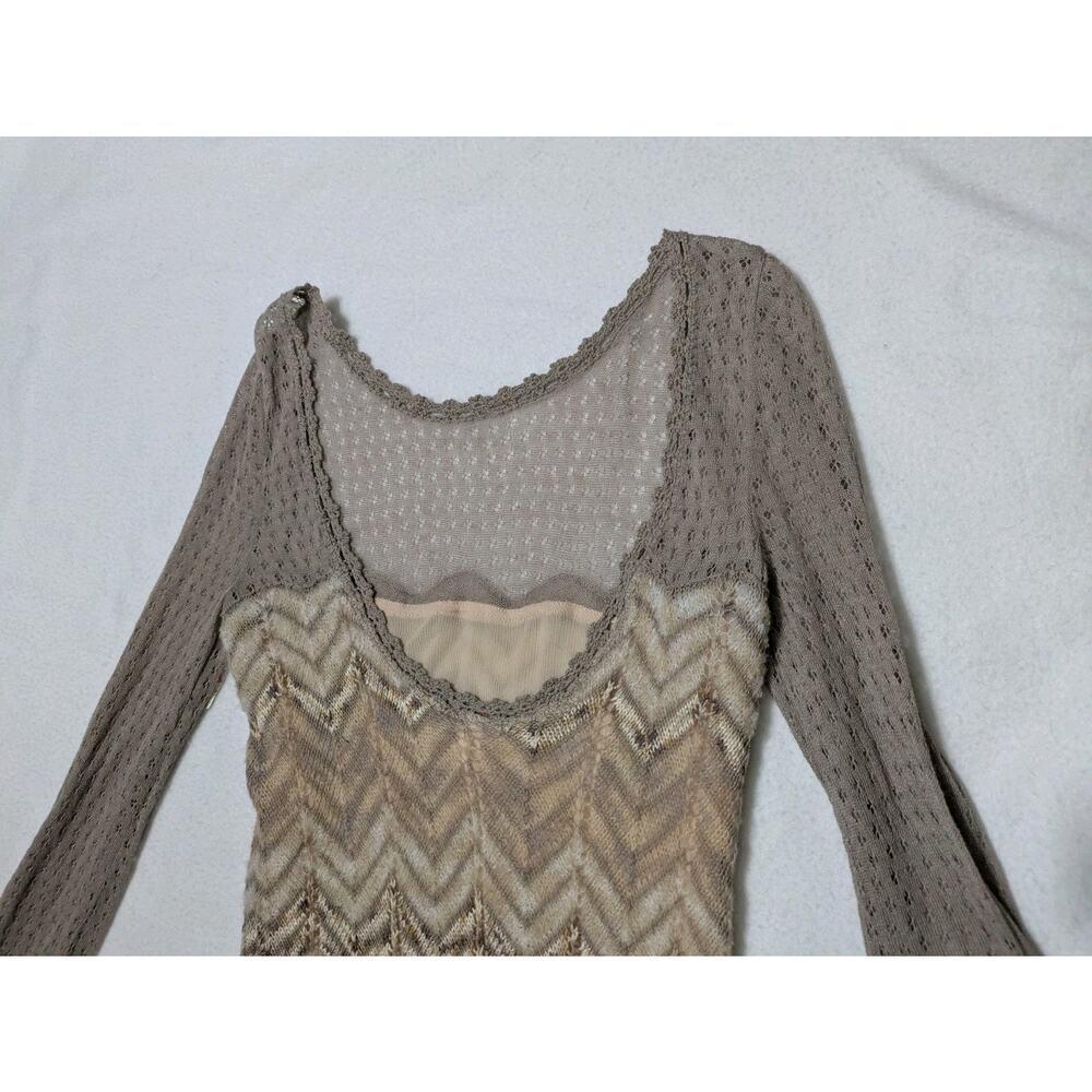FREE PEOPLE Beige Soft Sweater Dress Short Knit Long Bell Sleeves Academia Sheer - Picture 12 of 16